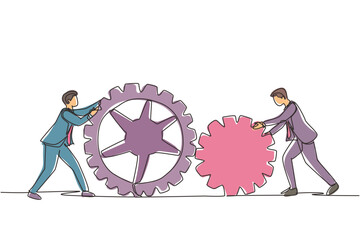 Sticker - Single continuous line drawing two businessman pushing big cogs together. Teamwork cooperation in gears mechanism. Young men working on push gears, teamwork or leadership. One line draw design vector