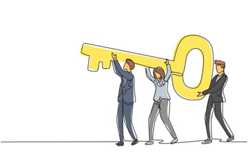 Poster - continuous one line drawing business team holding and carrying big key to unlock the lock. cooperati