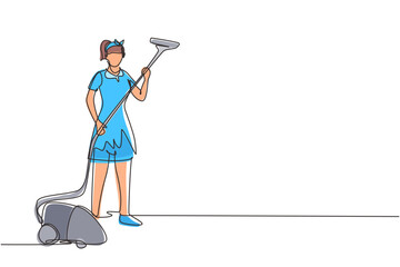 Poster - single one line drawing young woman works at home, do cleaning in uniform. home vacuum cleaner. hous