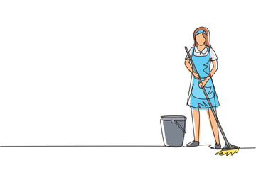 Poster - Single continuous line drawing cleaning company staff to work with the equipment. Woman with buckets and mops. Domestic cleaner worker and cleaners equipment. One line draw design vector illustration
