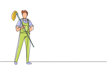 Wall Mural - Continuous one line drawing happy male cleaning staff member is holding mop in gloves on white background. Concept of different people like working in cleaning service. Single line draw design vector