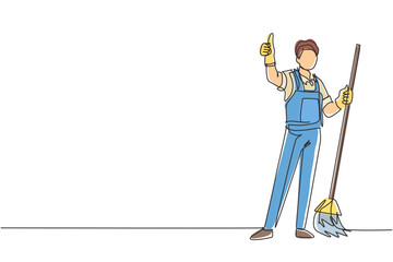 Poster - single continuous line drawing smiling male cleaning company staff member holding broom and showing 