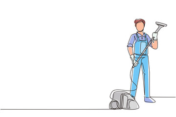 Poster - single continuous line drawing young man works at home, do cleaning in jumpsuit. home vacuum cleaner