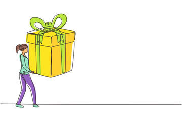 Poster - Continuous one line drawing happy woman carrying a big present box. The creative idea of earning a reward, gift, or prize. Concept of celebration. Single line draw design vector graphic illustration