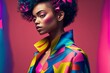 Afroamerikanisches Supermodel mit Designer Kleidung und tollem Make-Up. AI generativ