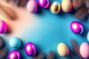 Poster - Multi-colored Easter eggs and feathers on a blue background in the form of a frame. Generative AI.