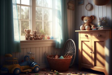 Wall Mural - Country interior style children's room with toys, teddy bear and wooden furnitures