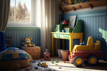 Wall Mural - Colorful country interior style children's room with toys and furnitures in the daylight