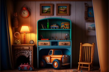 Wall Mural - Colorful country interior style children's room with toys and wooden furnitures at night