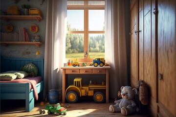 Wall Mural - Country interior style children's room with window, toys and wooden furnitures