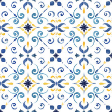 Watercolor Vintage Seamless Pattern Consisting Of Blue And Yellow Mediterranean Tiles And Elements. Hand Painted Traditional Illustration Isolation On White Background For Design, Print Or Background.