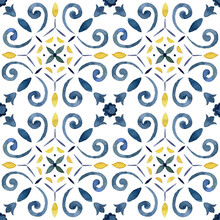 Watercolor Abstract Seamless Pattern Consisting Of Blue And Yellow Mediterranean Tiles And Elements. Hand Painted Illustration Isolation On White Background For Design, Print Or Background.