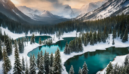 Wall Mural - An art piece capturing the serene beauty of deep lakes within a lush winter forest. Generative AI