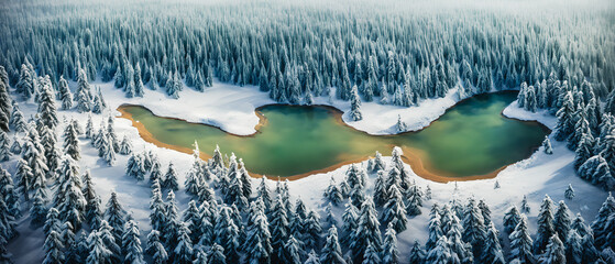 Wall Mural - An art piece capturing the serene beauty of deep lakes within a lush winter forest. Generative AI