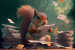 Squirrel sorting through stacks of paper, organizing office files, generative ai