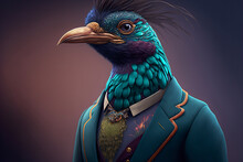 Stylish Peacock In A Suit, Holding A Briefcase And Posing For A Portrait, Generative Ai