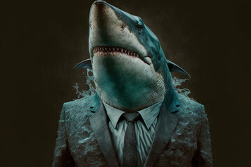 Wall Mural - Portrait of the great white shark in a business suit, at the office, generative ai. AI illustration