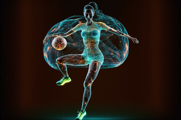 Wall Mural - A futuristic young black female soccer player hologram playing with a soccer ball. Generative ai