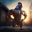 Bodybuilder rooster, with a farm in the background. AI Generative.