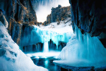 Frozen Waterfall Background, Winter Ladscape, River, Snow, Ice. Generative AI
