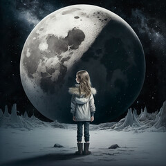 Wall Mural - girl standing in front of a huge moon