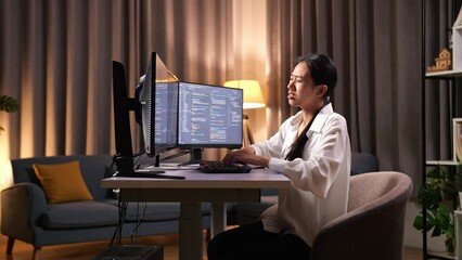 Asian Woman Programmer Having A Backache While Creating Software Engineer Developing App, Program, Video Game On Desktop Computer At Home. Terminal With Coding Language 
