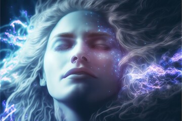 Wall Mural - lucid dreaming astral projection close up woman meditation illustration generative ai