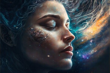 Wall Mural - lucid dreaming astral projection close up woman meditation illustration generative ai