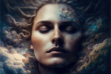 Wall Mural - lucid dreaming astral projection close up woman meditation illustration generative ai