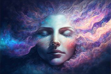 Wall Mural - lucid dreaming astral projection close up woman meditation illustration generative ai