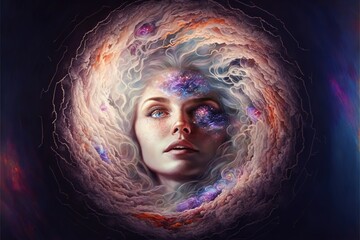 Wall Mural - lucid dreaming astral projection close up woman meditation illustration generative ai