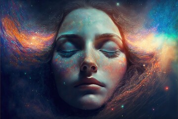 Wall Mural - lucid dreaming astral projection close up woman meditation illustration generative ai