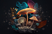 Fantasy Mushrooms Illustration. AI Generative