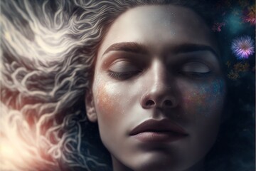 Wall Mural - lucid dreaming astral projection close up woman meditation illustration generative ai