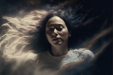 Wall Mural - lucid dreaming astral projection close up woman meditation illustration generative ai