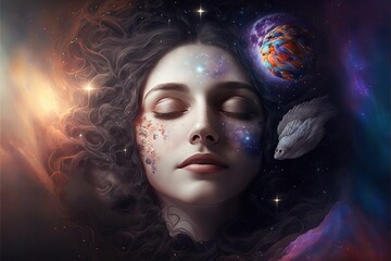 Wall Mural - lucid dreaming astral projection close up woman meditation illustration generative ai