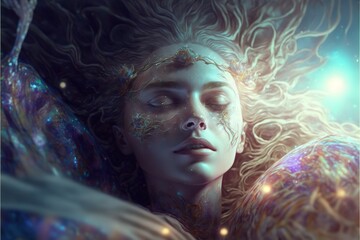 Wall Mural - lucid dreaming astral projection close up woman meditation illustration generative ai