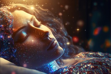 Wall Mural - lucid dreaming astral projection close up woman meditation illustration generative ai