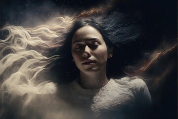 Wall Mural - lucid dreaming astral projection close up woman meditation illustration generative ai