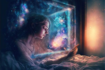 Wall Mural - lucid dreaming astral projection close up woman meditation illustration generative ai