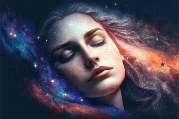 Wall Mural - lucid dreaming astral projection close up woman meditation illustration generative ai