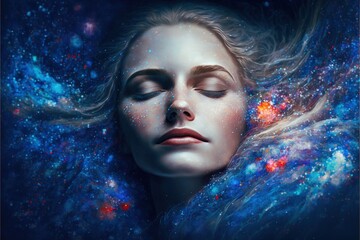 Wall Mural - lucid dreaming astral projection close up woman meditation illustration generative ai