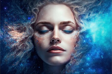 Wall Mural - lucid dreaming astral projection close up woman meditation illustration generative ai