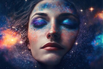 Wall Mural - lucid dreaming astral projection close up woman meditation illustration generative ai