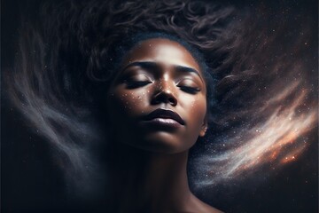 Wall Mural - lucid dreaming astral projection close up woman meditation illustration generative ai