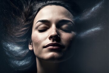 Wall Mural - lucid dreaming astral projection close up woman meditation illustration generative ai