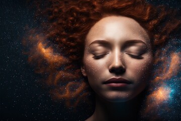 Wall Mural - lucid dreaming astral projection close up woman meditation illustration generative ai