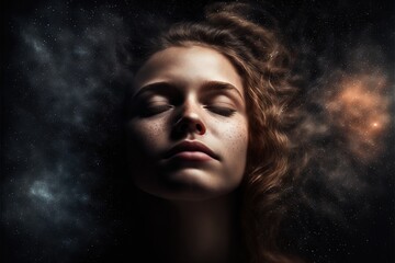 Wall Mural - lucid dreaming astral projection close up woman meditation illustration generative ai
