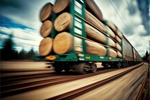 Moving Train With Wagons Loaded With Timber Created With Generative AI Technology