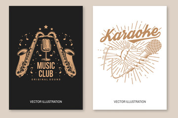 Poster - Music club, retro music poster, banner. Retro poster, banner with skeleton hand and retro microphone, retro saxophone vintage typography design for t shirt, emblem, logo, badge design. Vector